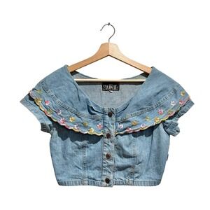 Vintage 80's Switch USA Denim Floral Embroidered Sailor Crop Top Large